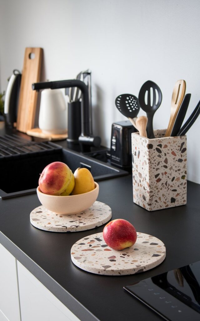 A modern black kitchen countertop having Terrazzo coasters with fruit bowl on it, a Terrazzo utensil holder with essentials. The countertop has sink, cooktop, and other essentials.