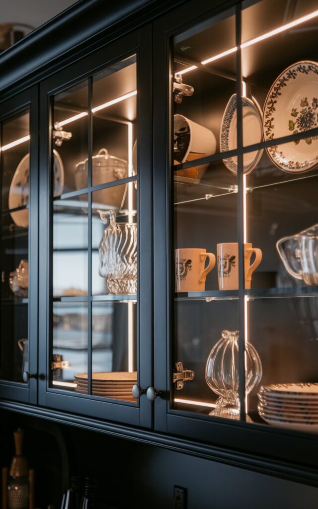A photo of a close view of a few glass-front cabinets in a modern black kitchen. The cabinets are displaying ceramic plates, vintage-style mugs, animal-shaped shakers, and a glass decor piece. There is a warm, soft LED light inside the cabinets, highlighting the items. The background is dark.
