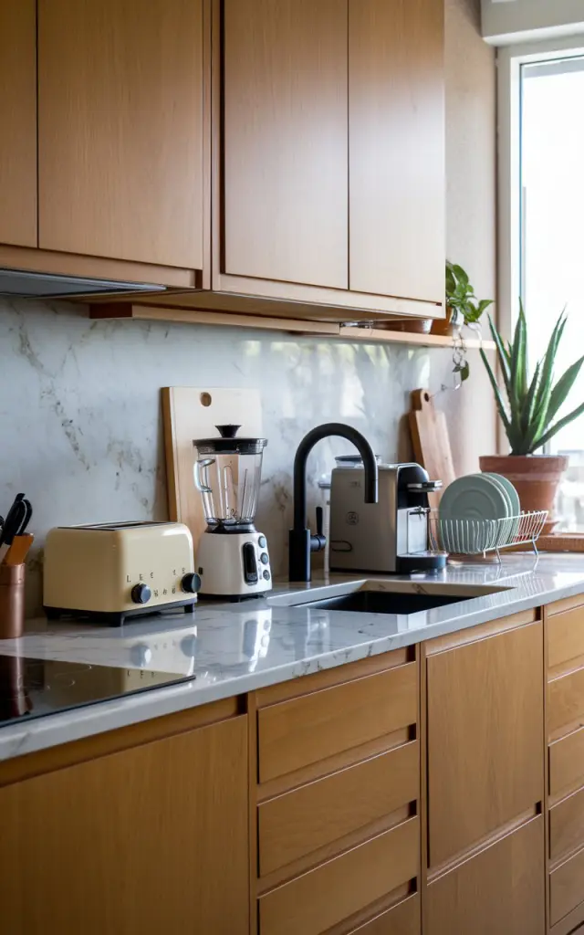 A photo of a modern kitchen countertop with honey oak cabinets and a marble countertop. There is a sleek black faucet. The countertop has essential items, such as a toaster, a blender, a coffee machine, and a cutting board. There is also a potted plant and a dish rack. The background has a wall and a window.