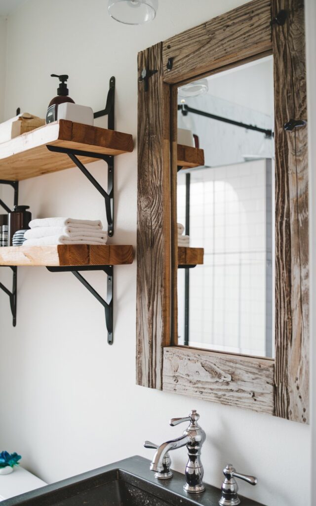 A modern rustic half bathroom with a floating wooden shelf and a rustic wood mirror frame. The shelf is held up by metal brackets. The bathroom has a sleek metal faucet. The half bathroom is fully furnished with essentials, creating a balance of cozy and modern.
