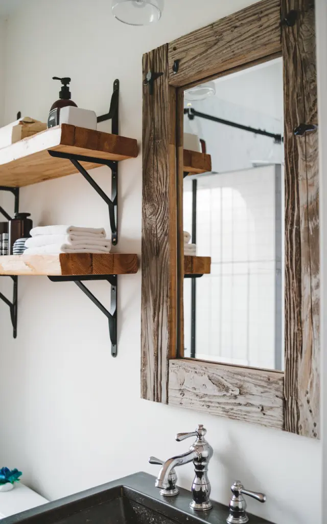 A modern rustic half bathroom with a floating wooden shelf and a rustic wood mirror frame. The shelf is held up by metal brackets. The bathroom has a sleek metal faucet. The half bathroom is fully furnished with essentials, creating a balance of cozy and modern.