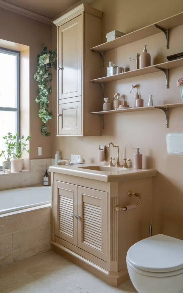 A photo of a modern shabby chic bathroom with a beige counter. The counter has a matching soap dispenser and toothbrush holder. There is a cabinet and shelves above the counter, all in the same beige color. The walls are also beige. The bathroom has a white bathtub and a white toilet. There is a plant near the window. The floor is covered with beige tiles.