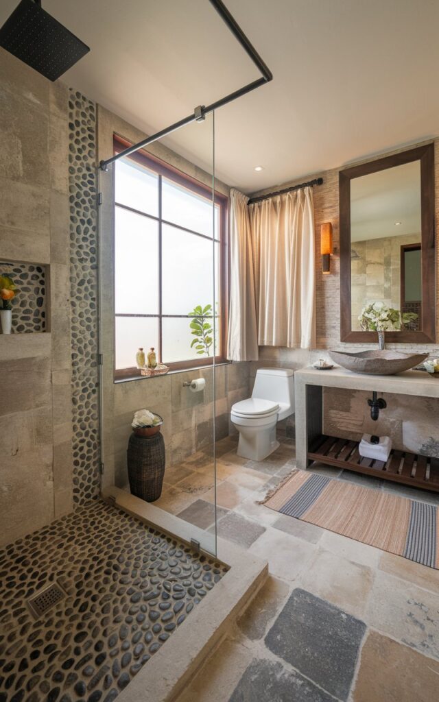 A photo of a Balinese-style full bathroom with a large window allowing soft, ambient natural light. The shower area (with glass door) has pebble and river rock tiles, while the rest of the space has natural stone, large format tiles. There's a toilet, a vanity with a sink and mirror, a curtained window, and a rug on the floor. The bathroom is well-decorated and has a spa vibe.