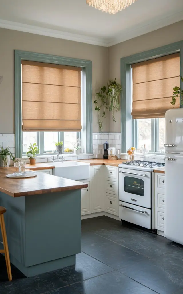 A photo of a Japandi style kitchen with a window having honey oak filter shades and sage green trim. The kitchen is fully furnished with a dark grey kitchen island, white cabinets, and a honey oak countertop. There is a white stove, a white fridge, and a dark grey sink. There are a few plants on the kitchen island. The floor is made of dark grey tiles. The walls are painted in a light grey color. Ceiling is trimmed and has a modern crystal chandelier (light on).