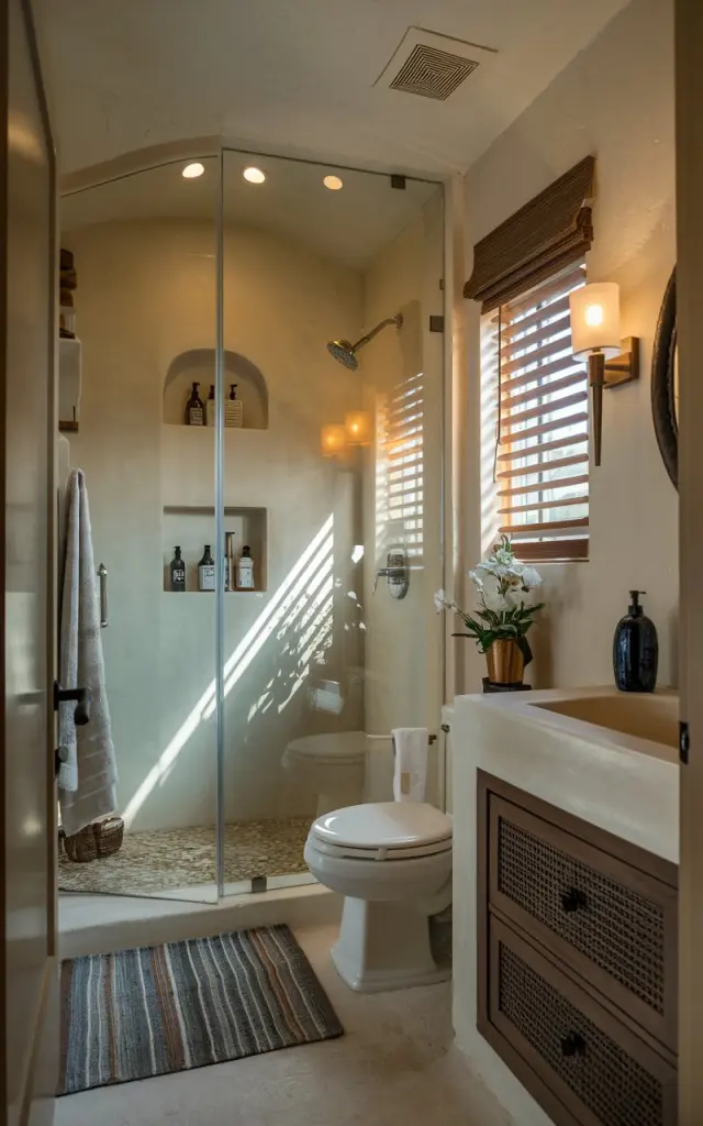 A photo of a Mediterranean style small bathroom with a few recessed shelving units inside the shower area. The shower area has glass doors. The bathroom has a toilet, sink, and a shaded window. There is a rug near the toilet. The bathroom has a ventilation system. The bathroom is well decorated and has warm lighting.