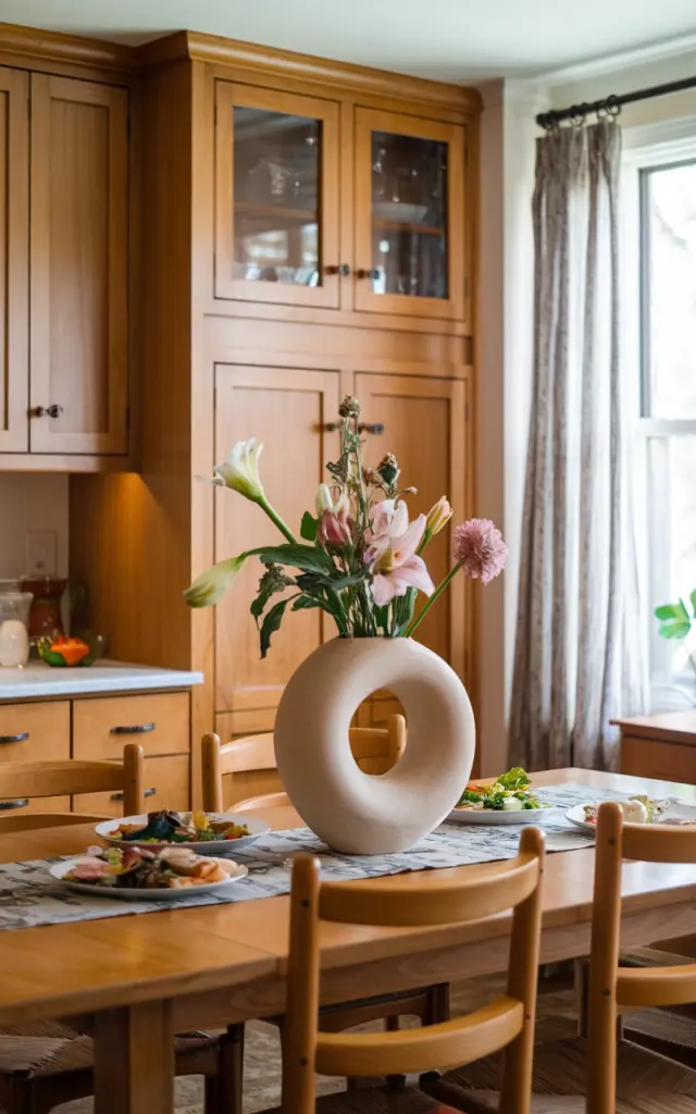 A photo of a biophilic-style kitchen with honey oak shaker cabinets. There is a sculptural vase with fresh flowers at the center of the dining table, which has chairs. The table also has a contrasting designer table runner and food served. The dining table is placed near a window with curtains. The room has a warm and inviting atmosphere. The focus is on the sculptural vase.