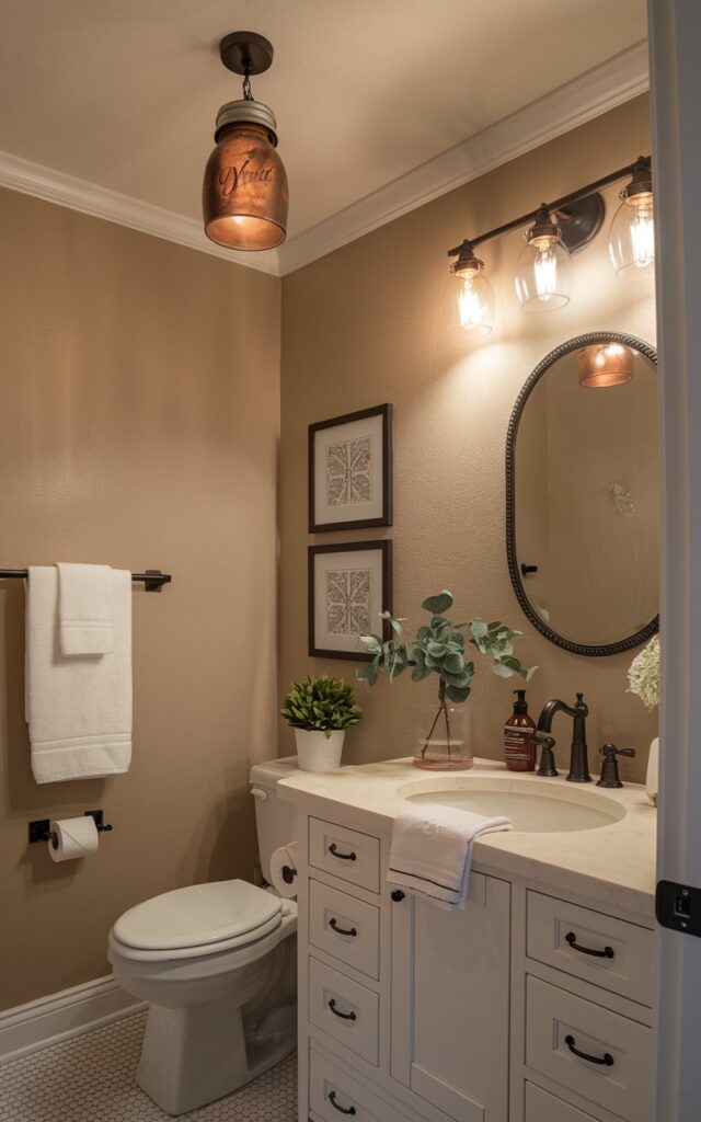 A photo of a farmhouse-style half bathroom with beige walls, a white vanity with essentials (toilet paper, a soap dispenser, and a towel), and a toilet. There are dimmable task lights above the vanity and a mason jar brushed bronze pendant light on the ceiling. The lights are on, casting a warm glow. The bathroom is fully furnished, with a towel rack beside the toilet, 2 framed wall arts on the walls, and a small plant on the vanity.