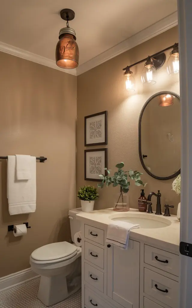 A photo of a farmhouse-style half bathroom with beige walls, a white vanity with essentials (toilet paper, a soap dispenser, and a towel), and a toilet. There are dimmable task lights above the vanity and a mason jar brushed bronze pendant light on the ceiling. The lights are on, casting a warm glow. The bathroom is fully furnished, with a towel rack beside the toilet, 2 framed wall arts on the walls, and a small plant on the vanity.