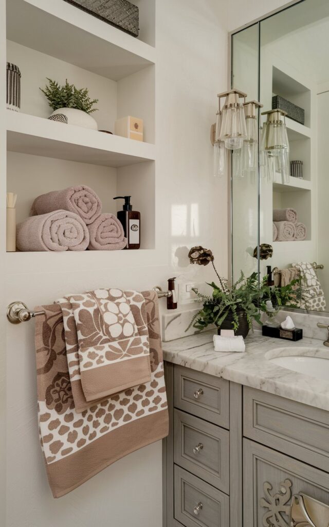 A photo of a half bathroom with a luxe design. There's a vanity with a marble countertop, a designer hand towel on the towel bar, and a few rolled-up towels and essential items on open shelves. The bathroom has a spa-like atmosphere, with a few plants and a decorative object near the vanity.