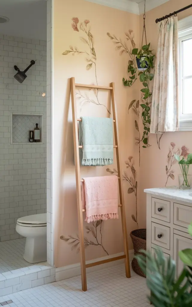A photo of a luxe farmhouse-style bathroom with a ladder rack as art. The towel rack has 2-3 pastel color patterned towels on it. The walls have mild decals. There is a separate shower area, toilet, and vanity. The space looks warm and inviting. There are a few green plants in the room. Window has curtains.