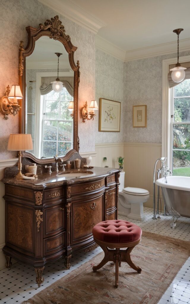 A photo of a serene, Victorian-style bathroom with a large, ornate vanity made of rich, dark wood with intricate detailing, topped with elegant marble. The vanity has a mirror and is placed near a window with a view of a lush garden. The walls have subtle floral wallpaper. The room has a vintage-style lamp on the vanity and a rug on the floor. The room also has a clawfoot bathtub, a toilet, and a sink. The room is illuminated by warm lighting from vintage sconces on either side of the mirror and pendant lights above the bathtub. The space is adorned with luxurious touches like a velvet tufted stool in front of the vanity.