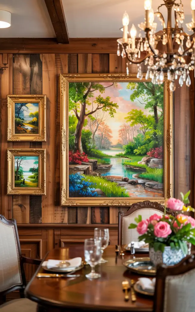A photograph of a beautifully designed Southern traditional dining room with a large center piece painting of a serene forest scene and two smaller nature-themed accent paintings flanking it on a rustic wooden wall. The large center frame has a golden oak finish with intricate carvings, while the smaller frames are simpler and have a dark walnut finish. The dining table, made of polished mahogany, is set with fine china and silverware, and a crystal chandelier hangs overhead, casting a warm glow that highlights the rich textures and colors of the room.