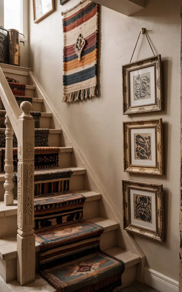 A photograph of a beautifully designed bohemian rustic staircase with just three picture frames as a micro gallery wall