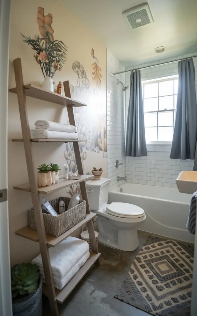 A photo of a small bathroom with a rustic and modern chic design. There is a tall ladder shelf with towels, a basket with haircare items, cute succulents, and a decor piece. The walls have mild murals. The bathroom has a toilet, a bathtub, a sink, a modern rug, curtained windows, and ventilation.