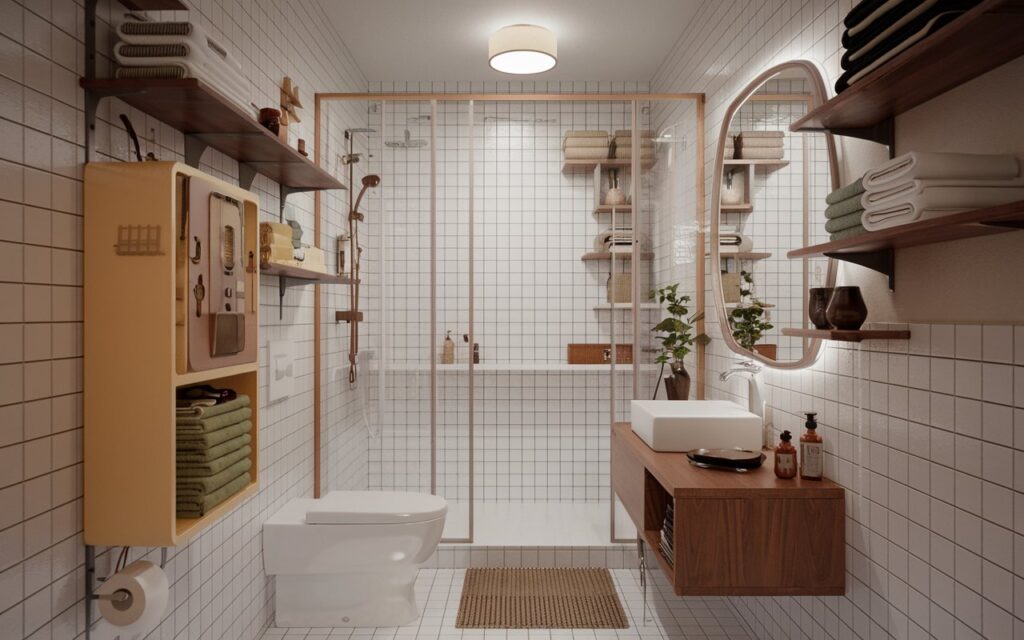 A small Bauhaus + retro style bathroom that utilizes maximum space. The bathroom has a toilet, sink, shelves, etc. It is well-decorated and looks warm and inviting. Natural light is soft, even throughout the room.