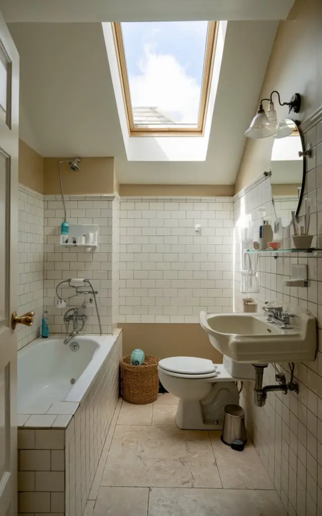 A photo of a small English countryside bathroom with a skylight ceiling. The bathroom is fully furnished with essentials and is well-decorated. There is a bathtub, toilet, and sink. The walls are tiled with beige and white squares. The floor is made of beige tiles. The skylight ceiling allows natural light to illuminate the bathroom.