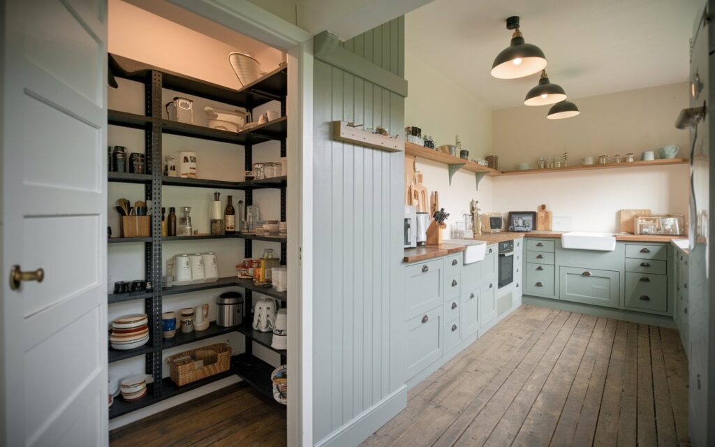 A photo of a small English countryside kitchen. The kitchen has a separate pantry room, which contains essential items. The pantry shelves are black, and the floor is wood. The kitchen is fully furnished with hardware, appliances, etc. The ceiling has modern pendant lights. The natural light is soft, filtered.