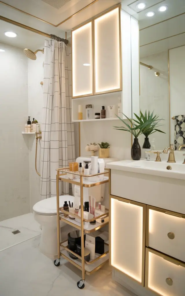 A photo of a small glam bathroom with a slim rolling cart beside the sink. The cart has toiletries, skincare, candles, and a plant, all neatly arranged. The bathroom has a separate shower area with curtains, a toilet, and other functional elements. The cabinets have LED lights. The room has a white color scheme with gold and wooden accents.