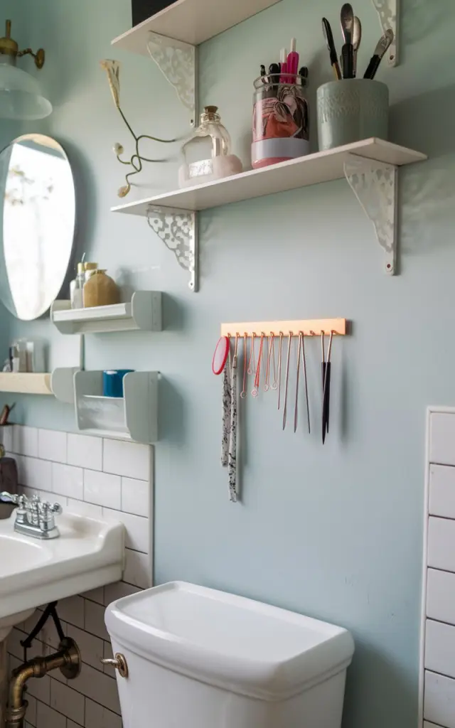 A photo of a small, stylish magnetic strip for bobby pins and tweezers on a bathroom wall. The bathroom has an eclectic chic touch, with functional elements such as shelves, a toilet, and a sink. The wall is painted in a light blue hue. The magnetic strip is placed above the toilet.