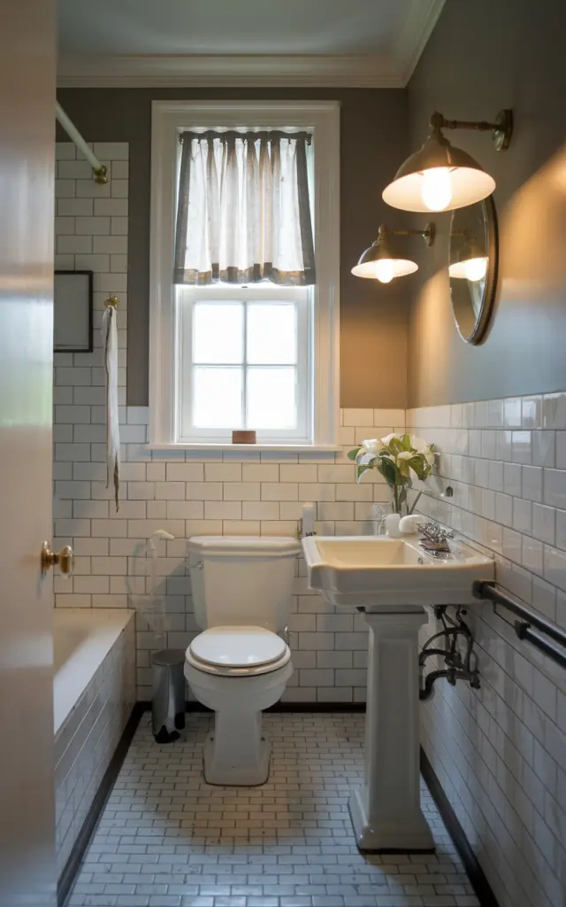 A photo of a small traditional bathroom with a toilet, sink, and bathtub. There are two brass picture lights on the walls, and they are lit up. The bathroom has a tile floor and tile walls. There is a window with a curtain. The bathroom is clutter-free and appealing.