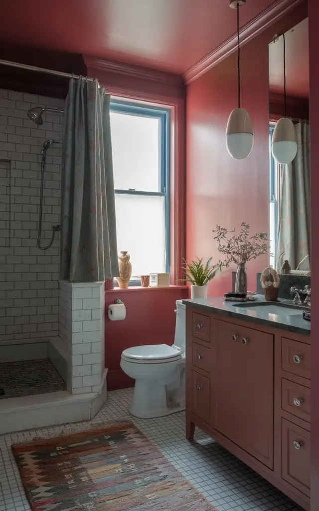 A photo of a small traditional + glam bathroom with mild jewel tones. The ceiling and walls have same color. The bathroom has a toilet, sink, a separate shower area, a curtained window, and modern pendant lights. The floor has a rug. The natural light is soft and filtered.