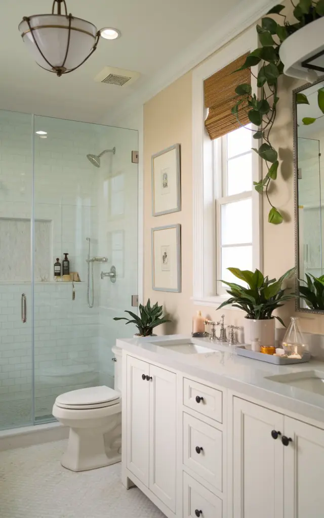 A photo of a Palm Beach style bathroom with a traditional vibe. The room has a large glass-enclosed shower, a white vanity with two sinks, and a toilet. A scented candle or reed diffuser is placed on the vanity. There are framed prints on the wall, and a pothos or snake plant is near the window. The ceiling has a Palm Beach style pendant light. The morning light is mild and soft.