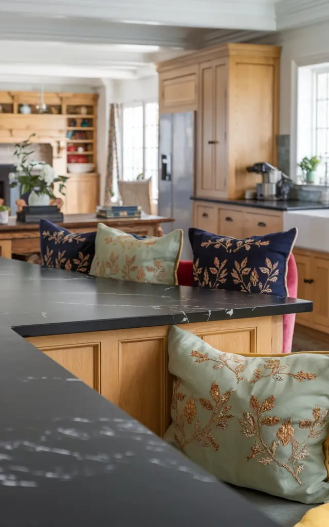 A photo of a traditional honey oak kitchen with a black marble countertop island. There are a few chairs with embroidered cushions in sage green, burnt orange, navy blue, and mustard yellow. The island has a shiplap base. The kitchen is open-plan and extends to the living room. The photo focuses on the cushions.