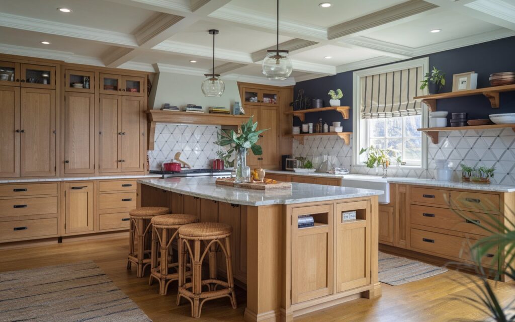 A photo of a traditional kitchen with honey oak cabinets and an island with a marble countertop. There are rattan stools placed at the island. The kitchen has a few navy blue open shelves with essentials and a geometric backsplash. The coffered ceiling has modern pendant lights. The kitchen floor is made of honey oak wood and has a fluffy rug. The kitchen and island are fully furnished. Natural light is filtered through a window with a striped Roman ivory shade. There are a few plants in the kitchen.