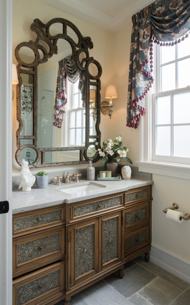 A photo of a traditional-style half bathroom with a large statement mirror that doubles as decor. The mirror has a vintage frame with intricate designs and adds character to the space. The vanity is furnished with a sink and a few decorative items. There is a window with a curtain. The floor is tiled.