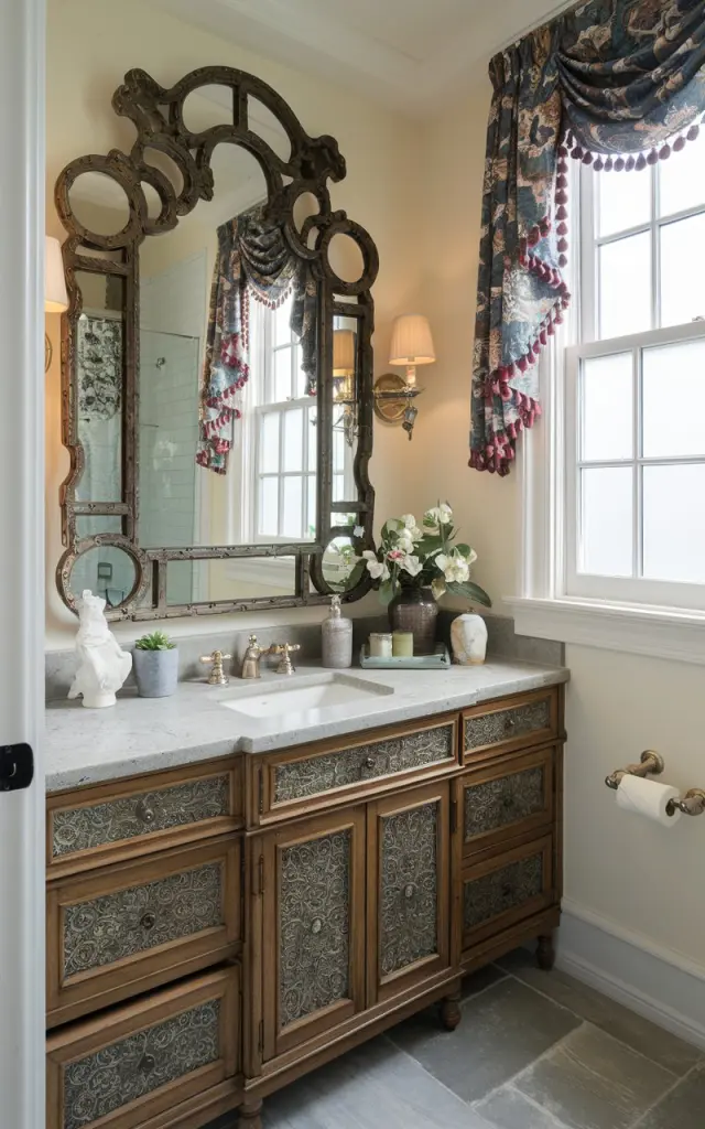 A photo of a traditional-style half bathroom with a large statement mirror that doubles as decor. The mirror has a vintage frame with intricate designs and adds character to the space. The vanity is furnished with a sink and a few decorative items. There is a window with a curtain. The floor is tiled.