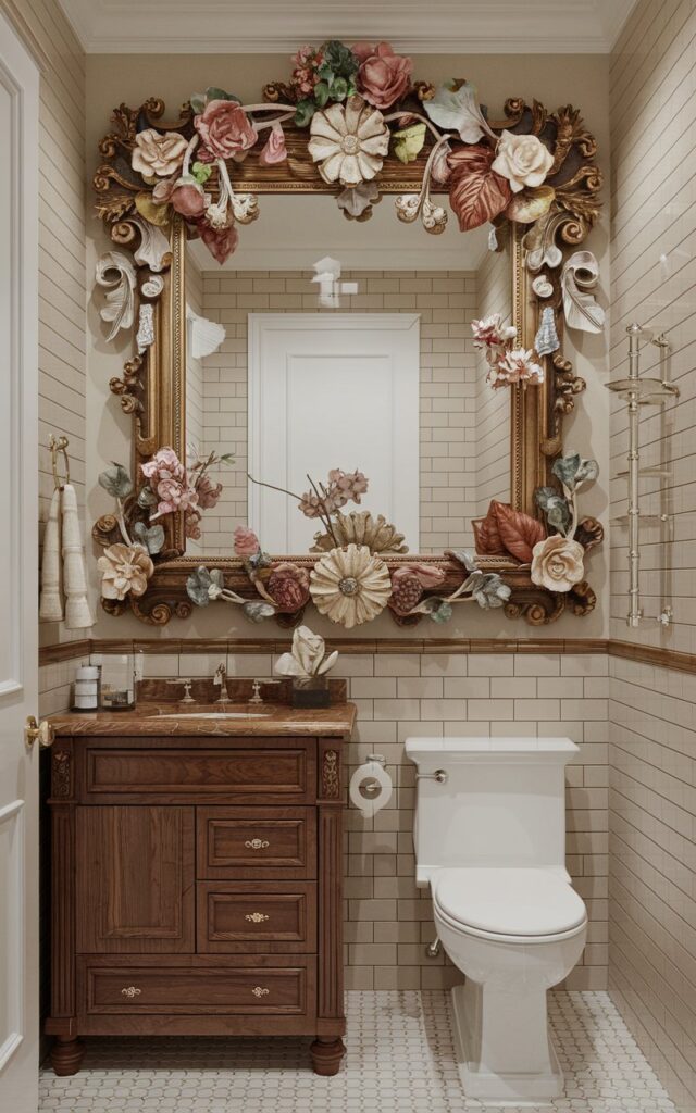 A traditional style half bathroom with a big statement mirror that doubles as decor. The mirror has a gold frame and is adorned with various decorative elements such as flowers, leaves, and scrolls. The mirror adds character and draws attention to the space. The vanity is made of wood and has a few drawers. There is a toilet in the bathroom. The bathroom has a tiled floor and walls. The lighting is soft.