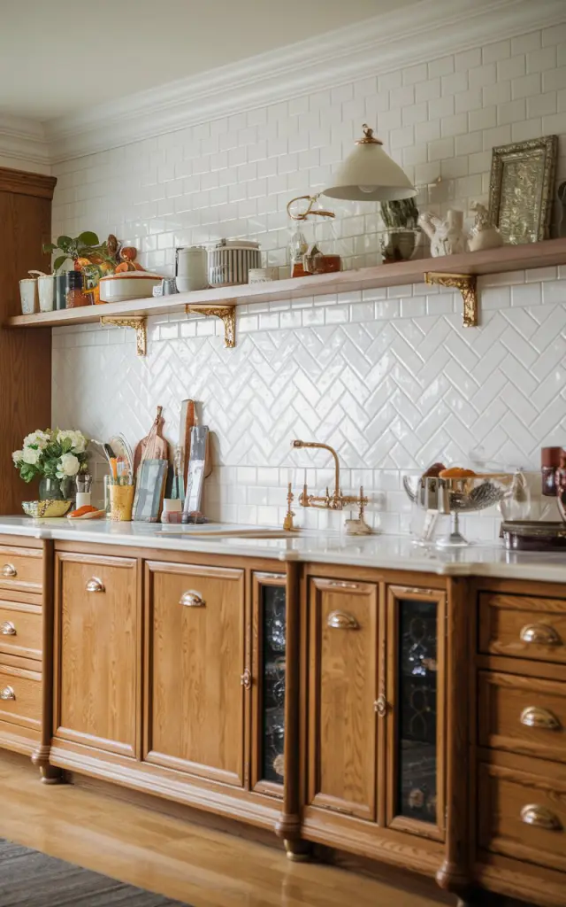 A photo of a honey oak kitchen with a traditional style. The kitchen has a classic white subway tile backsplash in a herringbone pattern. The counter is fully furnished and has a glam touch. The natural lighting is soft and ambient.