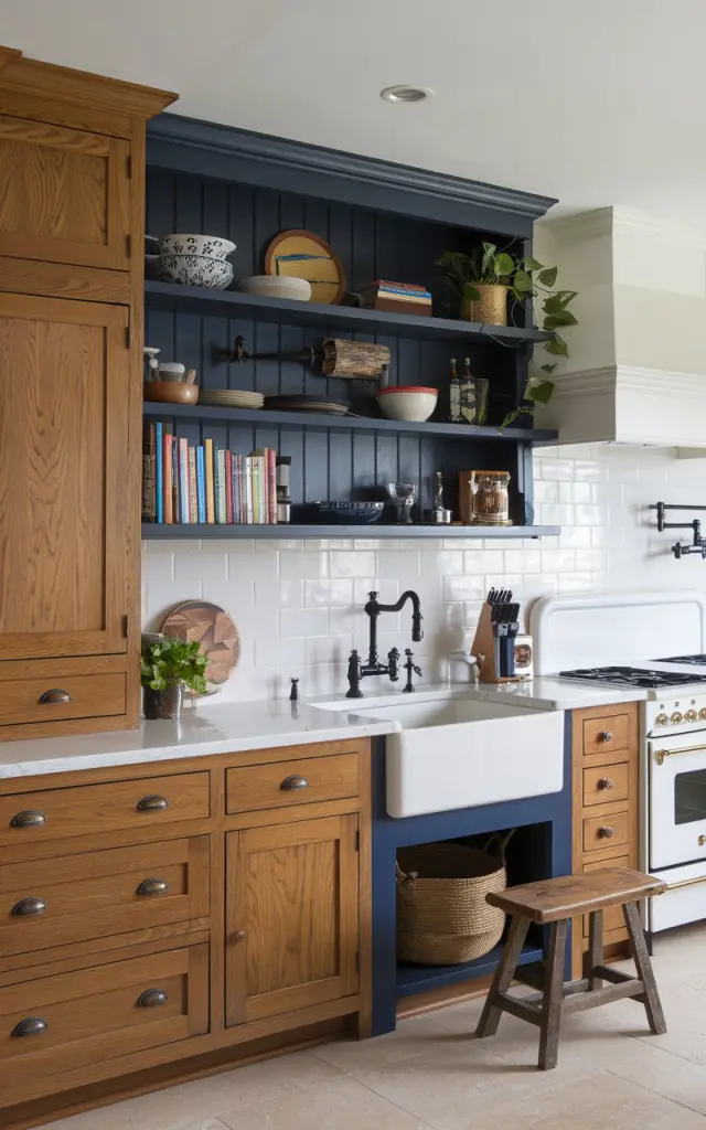 A photo of a traditional kitchen with shaker-style honey oak cabinets and a navy blue open shelf. The open shelf holds cutlery, books, decor, and a plant. The kitchen is fully furnished with a white farmhouse sink, a black faucet, a white range hood, and a navy blue apron. There is also a vintage wooden stool and a woven basket near the sink. The floor is covered with beige tiles.