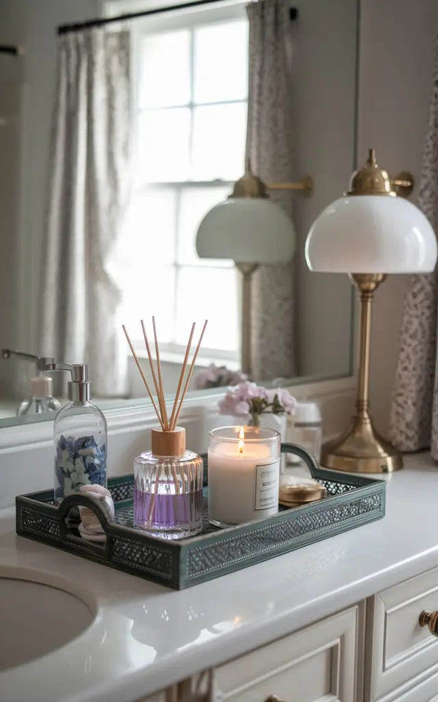 A photo of a transitional bathroom with a vanity counter. On the counter, there's a decorative tray with a glass diffuser filled with lavender oil, a candle, a brass lamp, and other essential items. The bathroom has a window with curtains, allowing soft, mild light to enter.