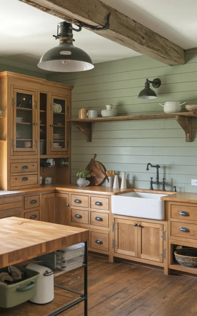 A photo of an Americana-style kitchen with honey oak cabinets and a sage green shiplap wall. The kitchen has a rustic touch with its hardware, furniture, ceiling, and lighting. There is a white farmhouse sink and a black faucet. The counter is made of butcher block. There is a wooden beam across the ceiling. The lighting is a large, black, industrial-style fixture. The floor is made of wooden planks.