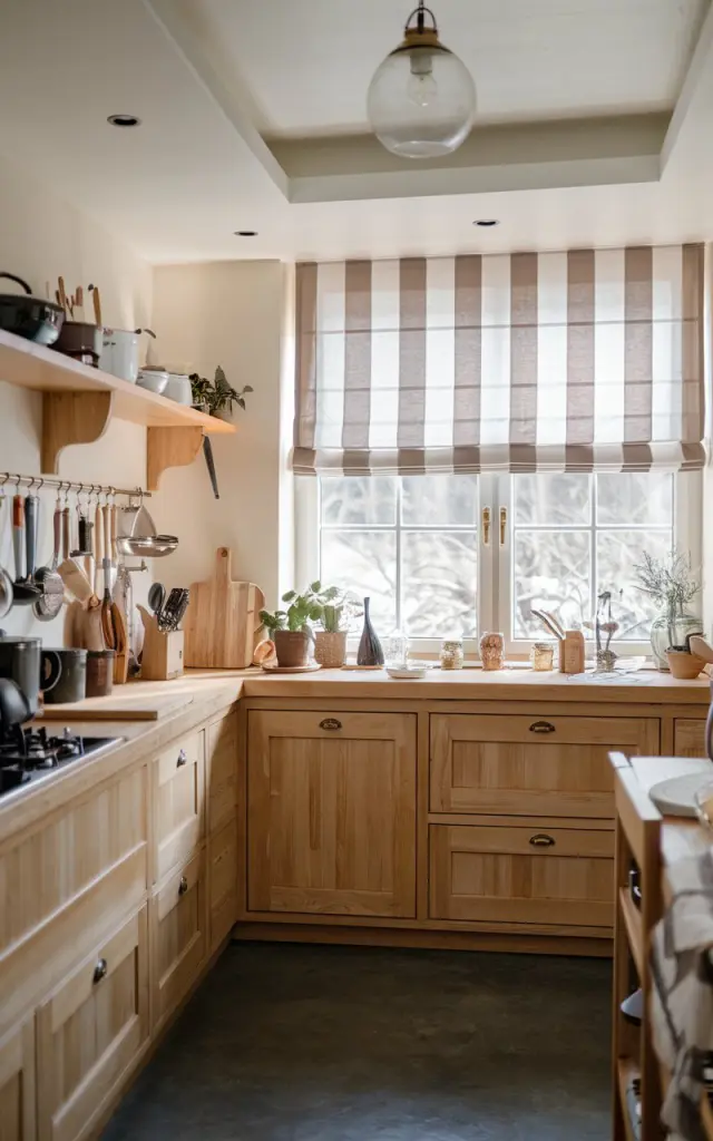 A photo of a fully furnished Alpine Chic honey oak kitchen with a striped Roman shade in taupe and ivory on the window. The kitchen has a recessed ceiling with a globe pendant light. The natural light is filtered through the Roman shade, illuminating the kitchen. The kitchen is filled with various cooking utensils, pots, pans, and even a small plant. The floor is a dark grey concrete.