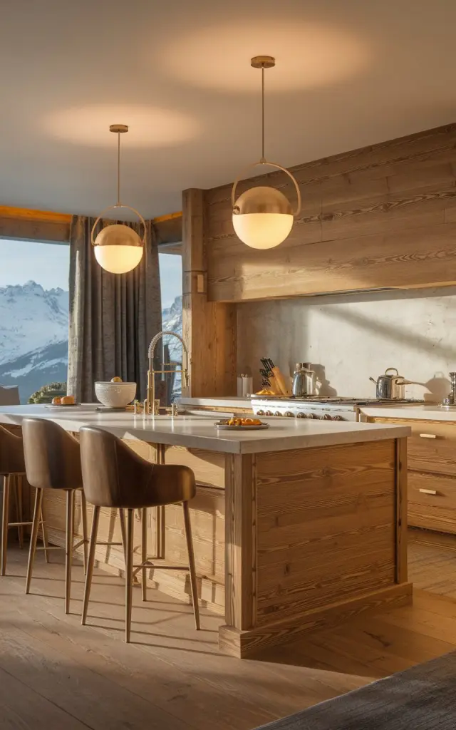 A photo of a luxurious Alpine Chic-style honey oak kitchen with a sleek island. The kitchen is fully furnished with modern appliances. Two sleek globe pendants in brushed gold hang above the island. The room is illuminated by warm lighting. The background is a serene mountain landscape with snow-capped peaks.