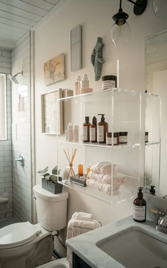A photo of an Alpine chic style bathroom with a few clear acrylic shelves. The shelves are holding skincare items, hair oils, shampoo, and candles. The bathroom has a toilet, a sink, and a shower area. The walls are white and have a few decorative items. The lighting is soft and mild, coming from a window and a light fixture.