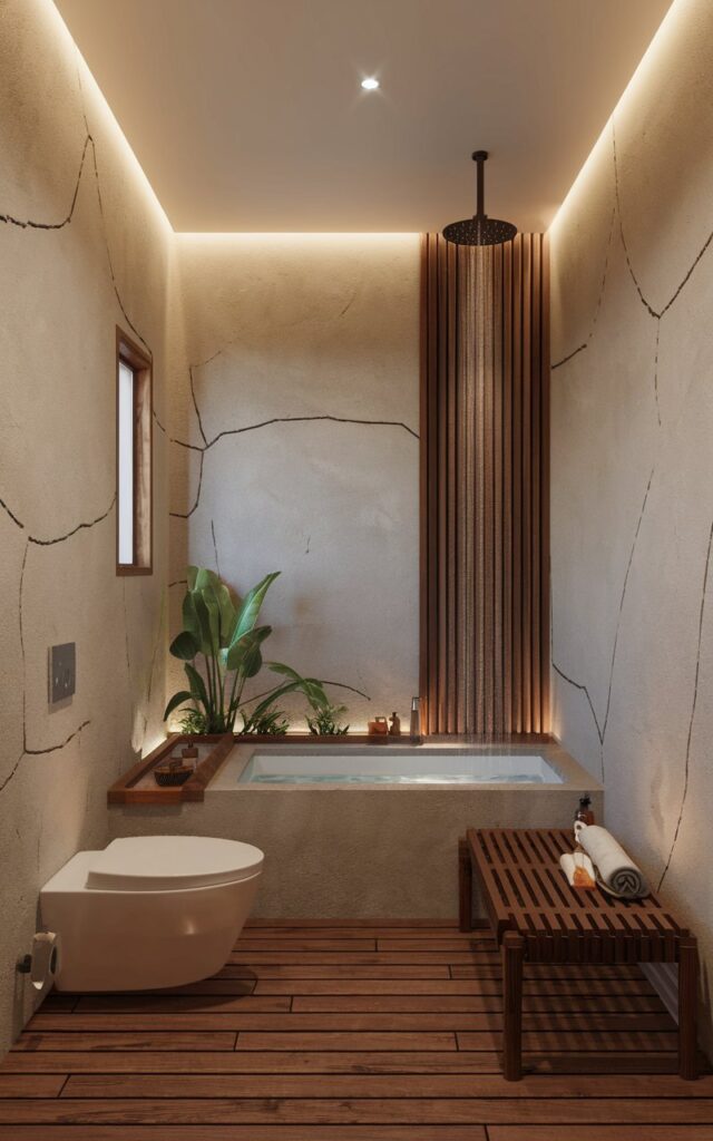 A 5-star Zen bathroom in Asia with all essentials and amenities. The bathroom has a toilet, a bathtub with a rain shower area, a bench to relax, and a few potted plants. The walls are made of stone and have a few cracks. The floor is made of wood. There is a small window near the ceiling. The room has warm, calm lighting.