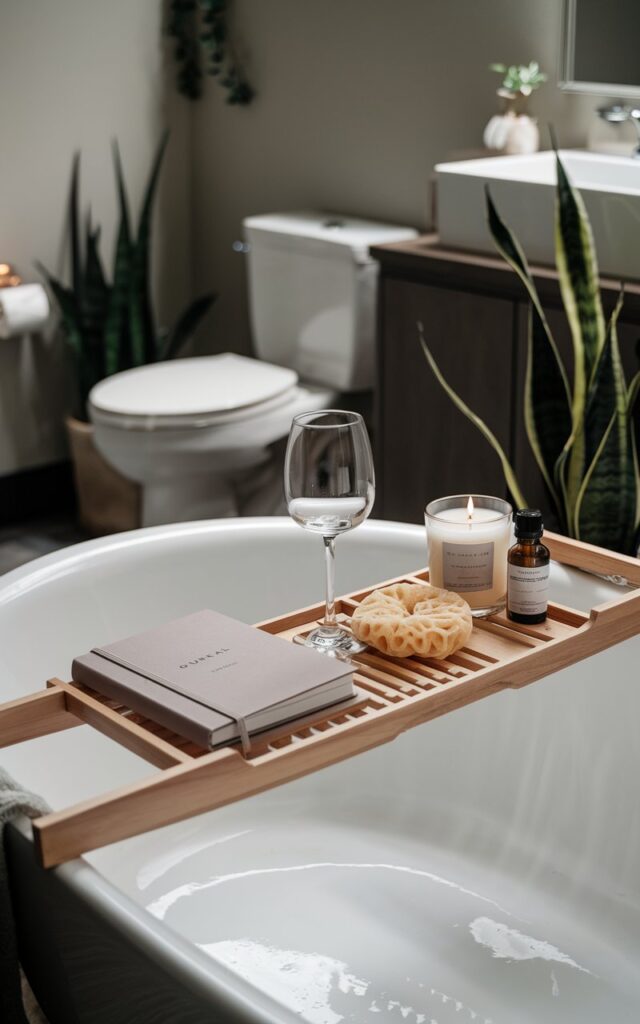 A close-up shot of a Zen + glam bathroom with a soaking bathtub. On the bath tray, there's a wine glass, a journal, a scented candle, a loofah, and scented oil neatly arranged. The bathroom also has a toilet and a sink. There are dimmable lightings and a few plants in the bathroom.