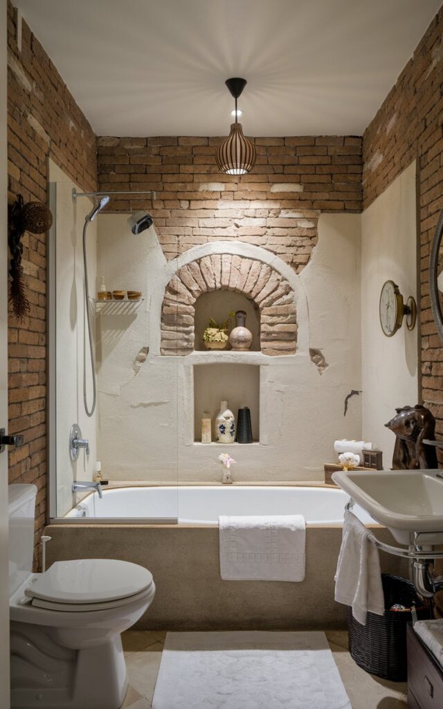 A photo of an English country bathroom with an integrated shower area and bathtub. The bathroom also has a toilet, sink, and a few decorative items. The walls are made of bricks and have a few cracks. There is a pendant light hanging from the recessed ceiling. The space has a spa-vibe and looks relaxing.