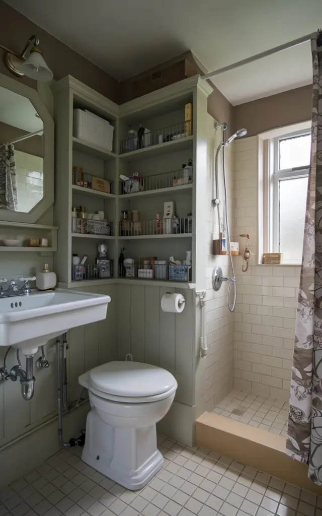 A photo of a bathroom in an English countryside home. The bathroom has a compact toilet with built-in storage units filled with essentials. There is a sink with a faucet and a mirror above it. There is a shower area with a curtain. The floor is tiled. The room has a muted color palette. The lighting is soft and filtered natural light.