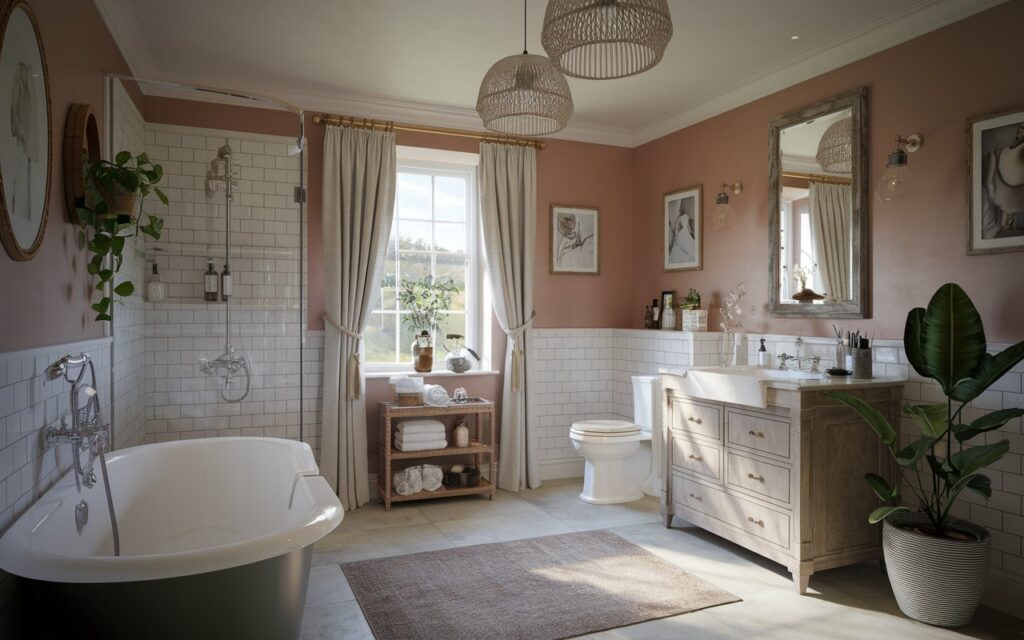 A photo of an English countryside luxurious bathroom. There is a separate bathtub, a toilet, a sink + vanity, and a window with a curtain. The bathroom is well decorated with a few real plants strategically placed. The ceiling has soothing pendant lights. The floor has a rug. The natural light is soft and ambient throughout the room.