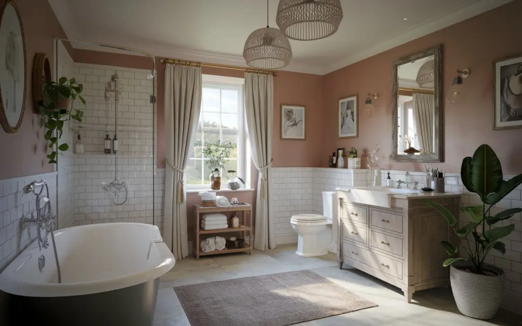 A photo of an English countryside luxurious bathroom. There is a separate bathtub, a toilet, a sink + vanity, and a window with a curtain. The bathroom is well decorated with a few real plants strategically placed. The ceiling has soothing pendant lights. The floor has a rug. The natural light is soft and ambient throughout the room.