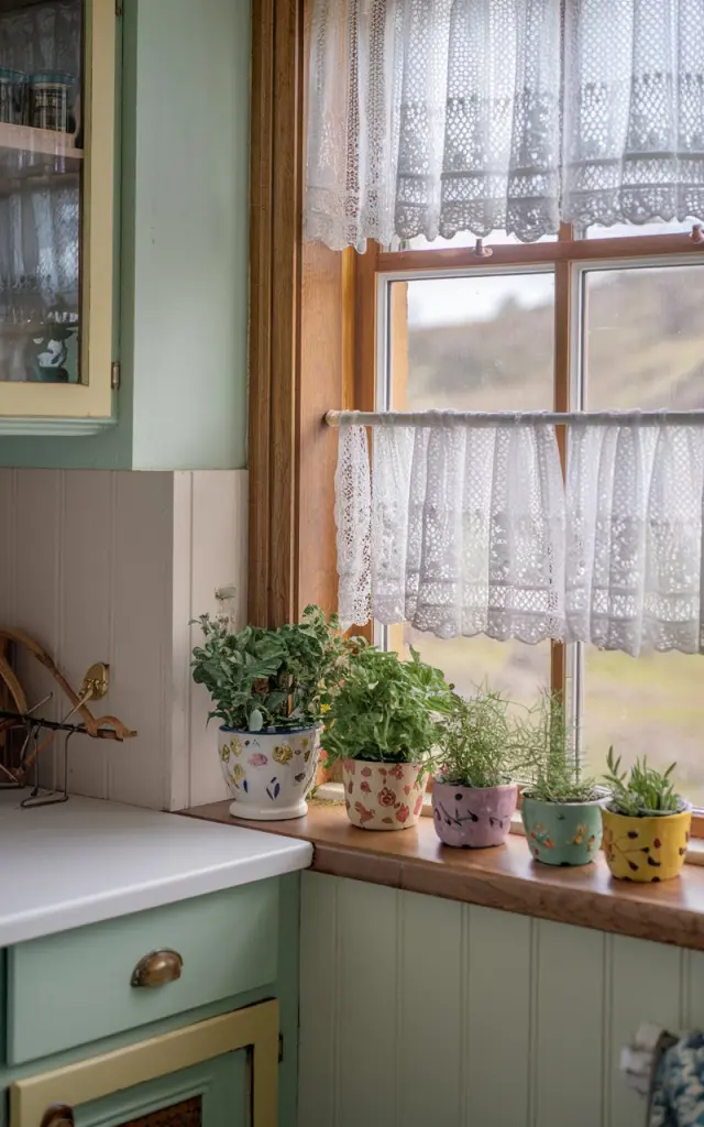 A photo of a pastel-colored kitchen in an English countryside. The kitchen has honey oak trim and a window with lace curtains. There are potted herbs in small ceramic colorful designer pots. The window has a blurred view of a valley. The lighting is filtered.
