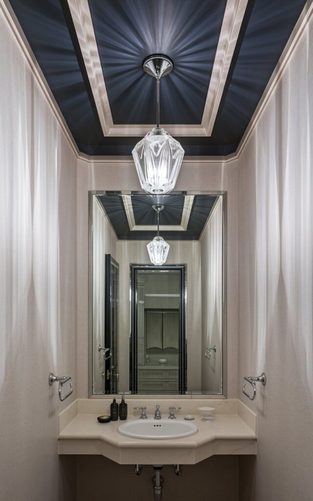 An art deco powder room with light-colored walls and a dark-colored (navy and charcoal) recessed ceiling. There is a glass crystal pendant light hanging from the ceiling. The room is fully furnished with a sink, mirror, and other bathroom fixtures. The natural light is filtered, creating a soft glow.