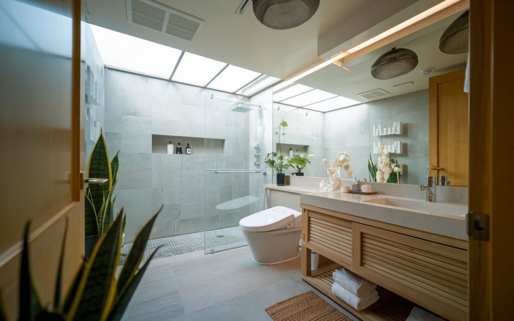 A photo of a well-decorated, clutter-free bathroom with a modern touch. The bathroom has a toilet, sink, and shower area. The ceiling and floor are furnished. There are a few plants in the room. The natural light is soft and ambient throughout the room.