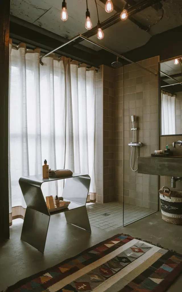 A photo of an industrial style bathroom with a sleek modern metal stool that doubles as a seat and storage for toiletries. The bathroom has functional elements, including a shower and a sink. The floor has a contrasting rug. The ceiling has Edison bulbs. Light is filtered through a curtained window.