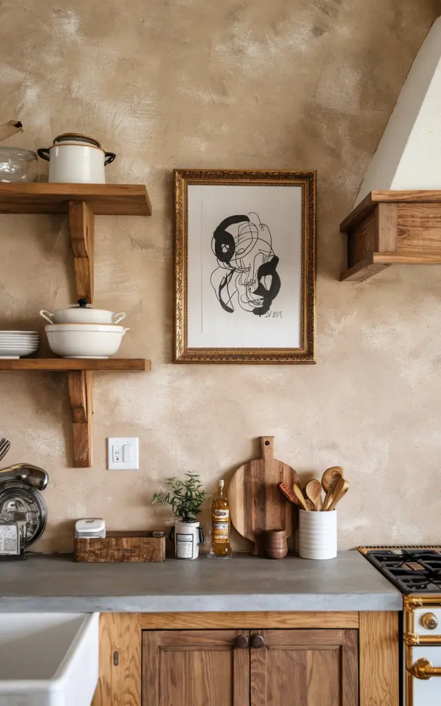 A photo of a farmhouse-style kitchen with a black and white modern art sketch framed with a golden frame on the wall. The wall has a beige textured tone. The kitchen has honey oak open shelves with essentials and trim in the rangehood. There is a concrete countertop with essentials.