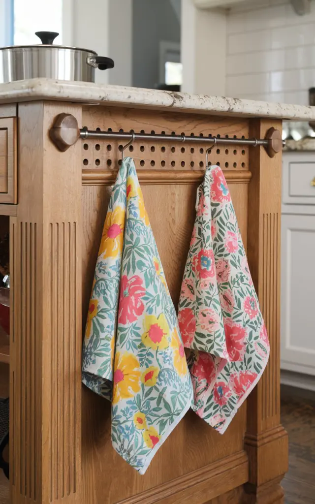 A photo of a honey oak kitchen island with a peg rail. Two bright floral patterned dish towels are hung on the peg rail. The island has a granite counter top and there is a pot on the counter. The background contains a white wall and a cabinet.
